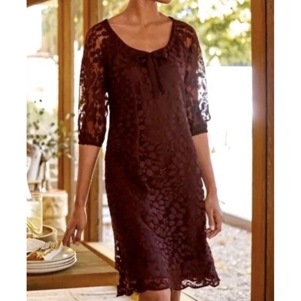 Garnet Hill Women's Maroon Bohème Easy Lace Shift Dress 3/4 Sleeves Size 10